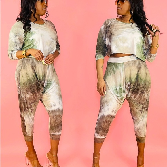 J. ELISE BOUTIQUE WOMENS NEW TRENDY Tye Dye Long Sleeve Crop Top Harem Pants Set - Picture 2 of 4